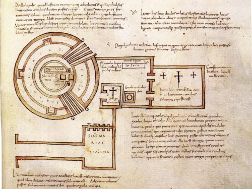 Le Saint-Sépulcre de Jérusalem au VIIe siècle d'après Arculfe (plus ancien plan du site connu).